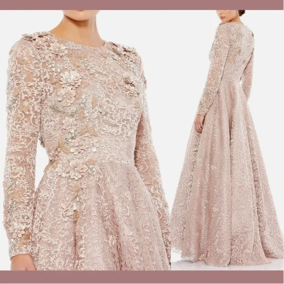 NWT $998 Mac Duggal [ 4 ] Floral Embellished Long Sleeve A-Line Gown Mocha‎ Pink - Picture 16 of 16